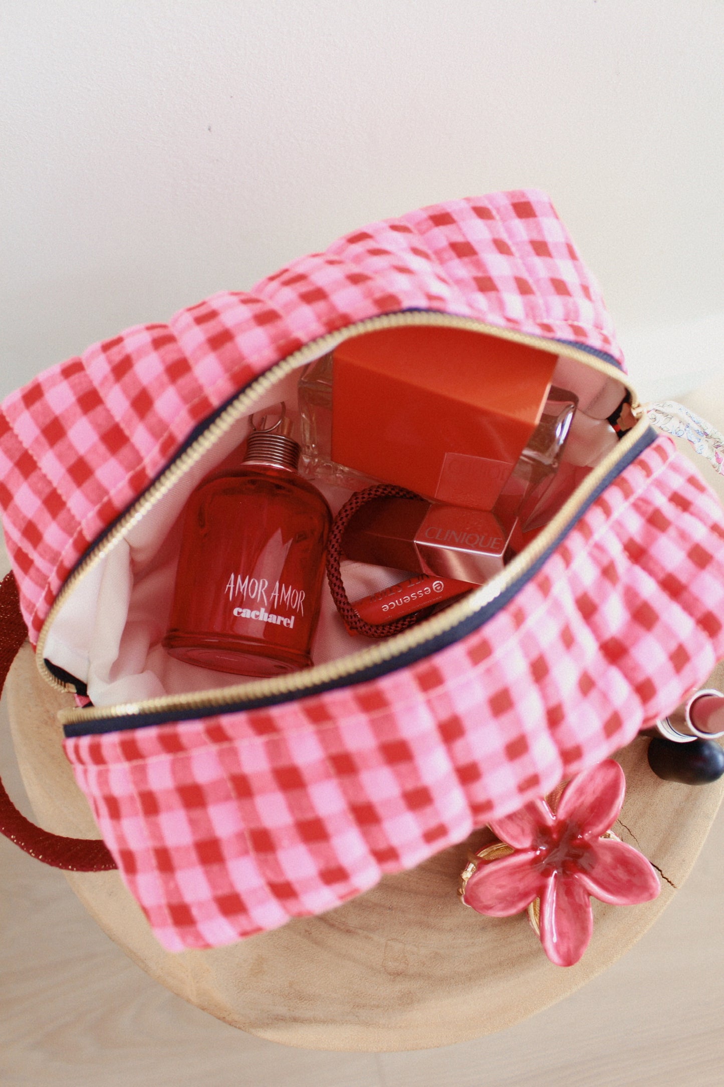 Neceser Cuadrado Vichy Rojo y Rosa