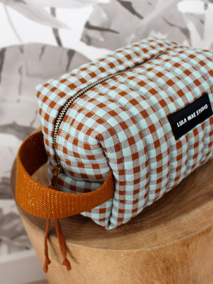 Neceser Cuadrado Vichy Marrón y Turquesa